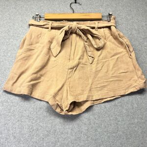 Pink Lily Linen Blend Paper Bag Shorts Beige Tan size S